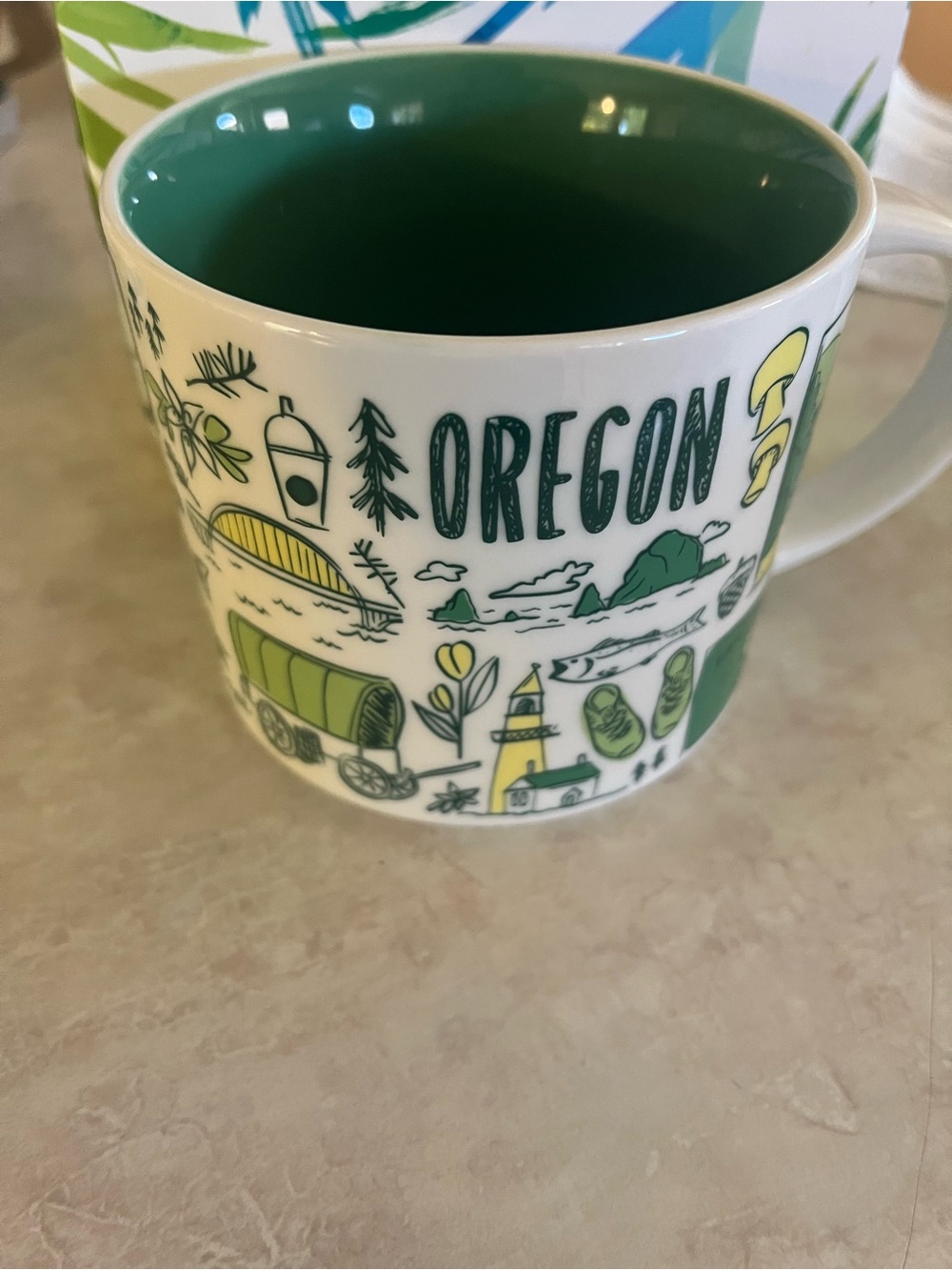 Starbucks Oregon Mug with Green Interior and Yellow Highlights